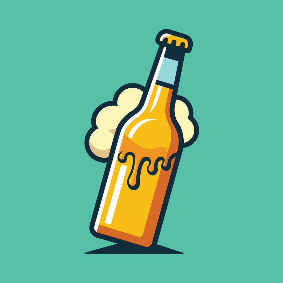 A beer bottle with foam in the foreground, against a backdrop of fluffy clouds in the sky, A simple design of a beer bottle with foam coming out, minimalist simple modern logo design vector