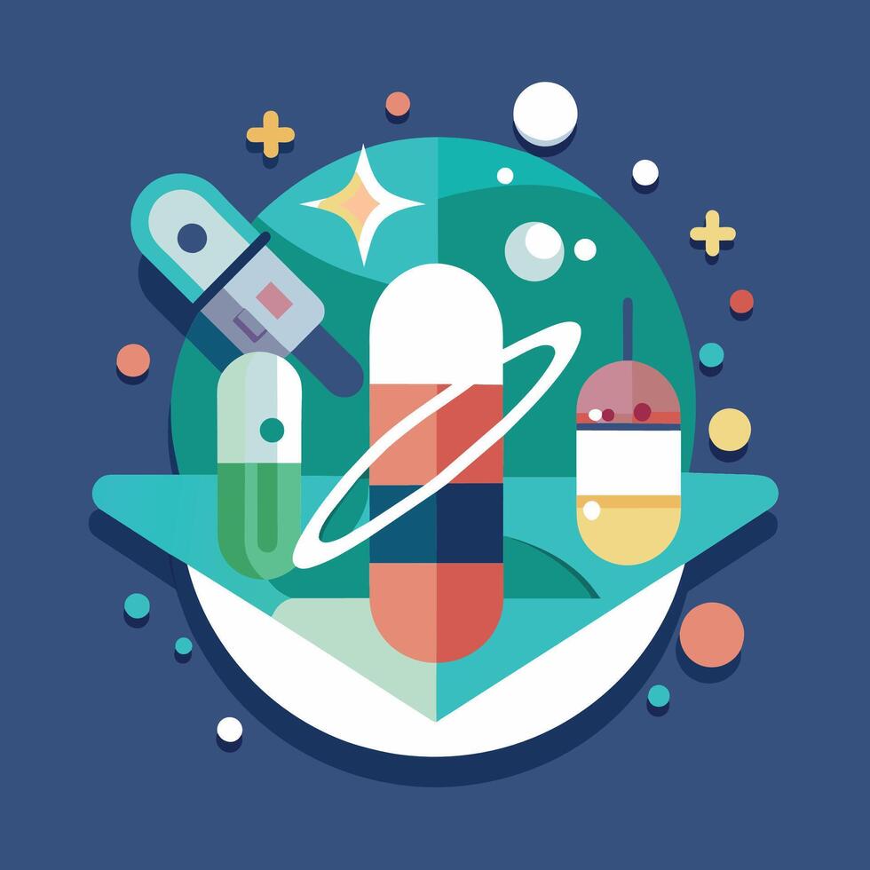 un ilustración exhibiendo un cohete tomando apagado en medio de varios objetos en un tema espacial configuración, arte un minimalista obra de arte inspirado por el mundo de productos farmacéuticos vector