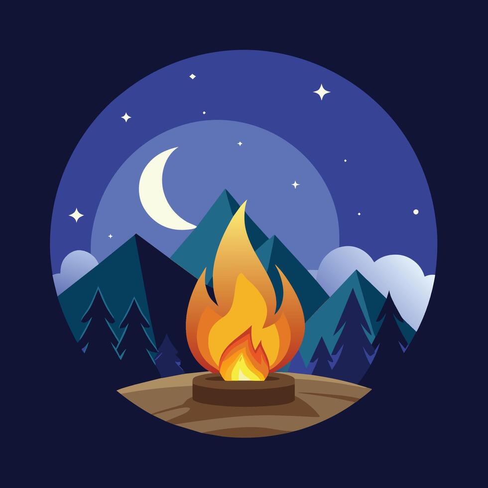 A campfire illuminates the darkness of the night under a starry sky, A simple image of a campfire under a starry night sky, minimalist simple modern logo design vector