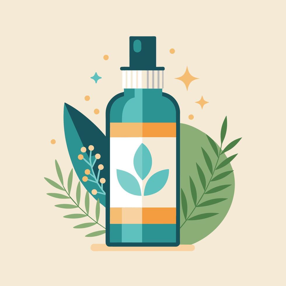 A green leaf resting on top of a bottle in a modern setting, A modern interpretation of a skincare bottle or packaging, emphasizing simplicity and sophistication vector