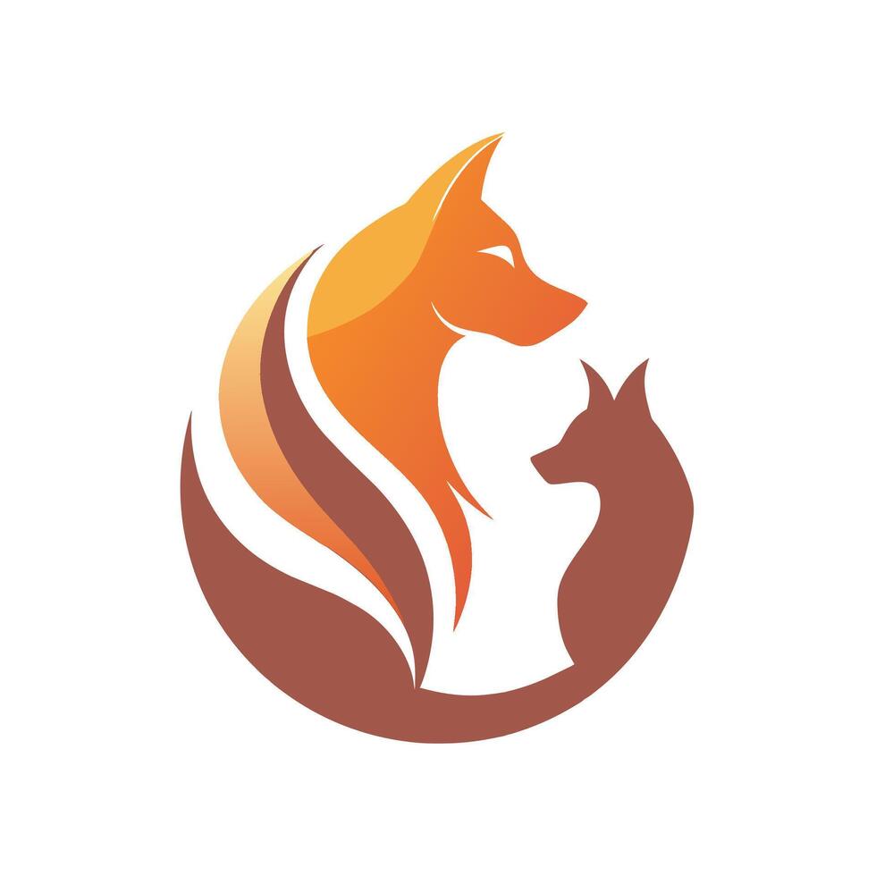 A cat and a fox standing inside a circle, A subtle silhouette of a cat and dog together, minimalist simple modern logo design vector