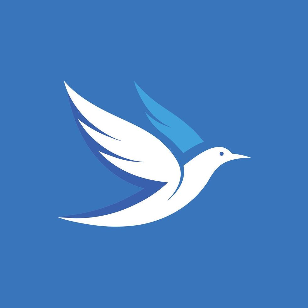 A white bird with blue wings flying against a solid blue background, Bird flying in a clear blue sky, minimalist simple modern logo design vector