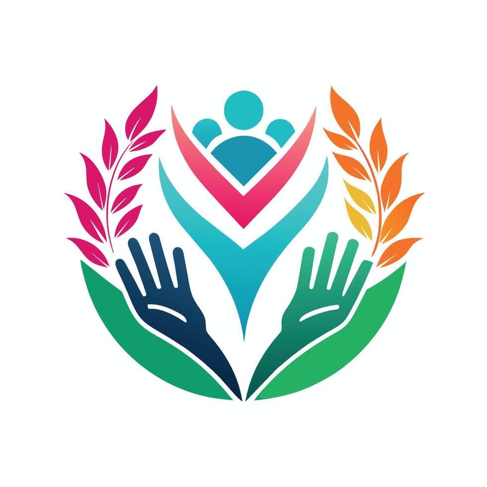 A group of hands coming together to hold green leaves and a heart, symbolizing unity and love, A symbol for a volunteer group that showcases helping hands in a clean, modern style vector