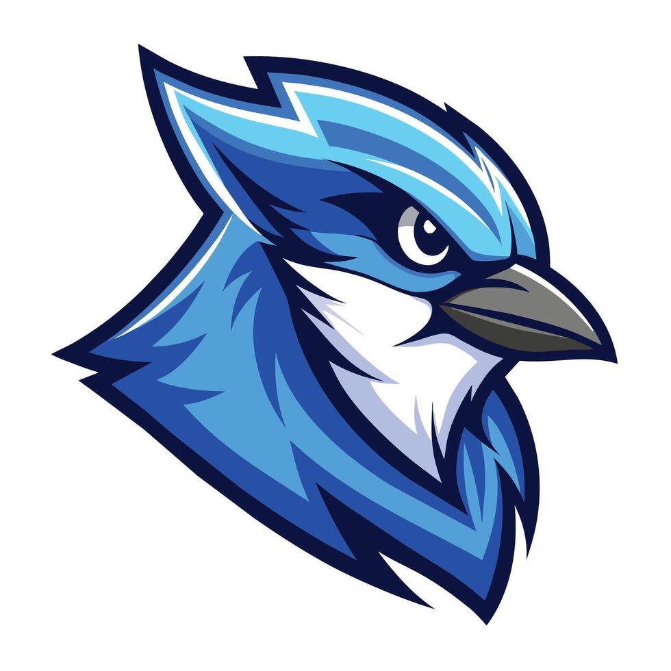 A bird with blue and white feathers and a black beak, Blue Jay Head Mascot, Modern Logo Design vector