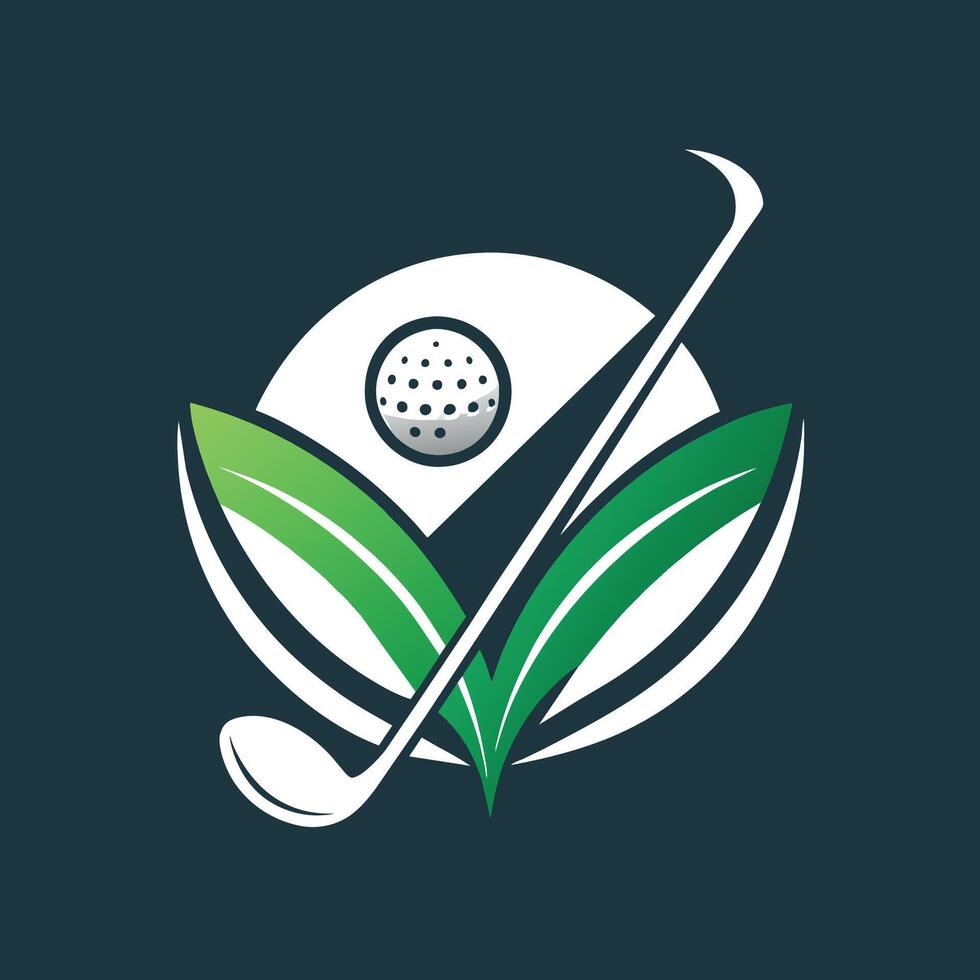 un verde hoja y un golf pelota en un negro fondo, contrastando colores creando visual interesar y composición, un pulcro diseño presentando un golf club y pelota entrelazados vector