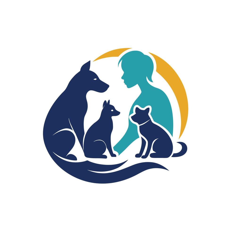 A woman and two dogs are sitting calmly on a wave in this minimalist illustration, A sleek, minimalistic design showing pets and their owners bonding vector