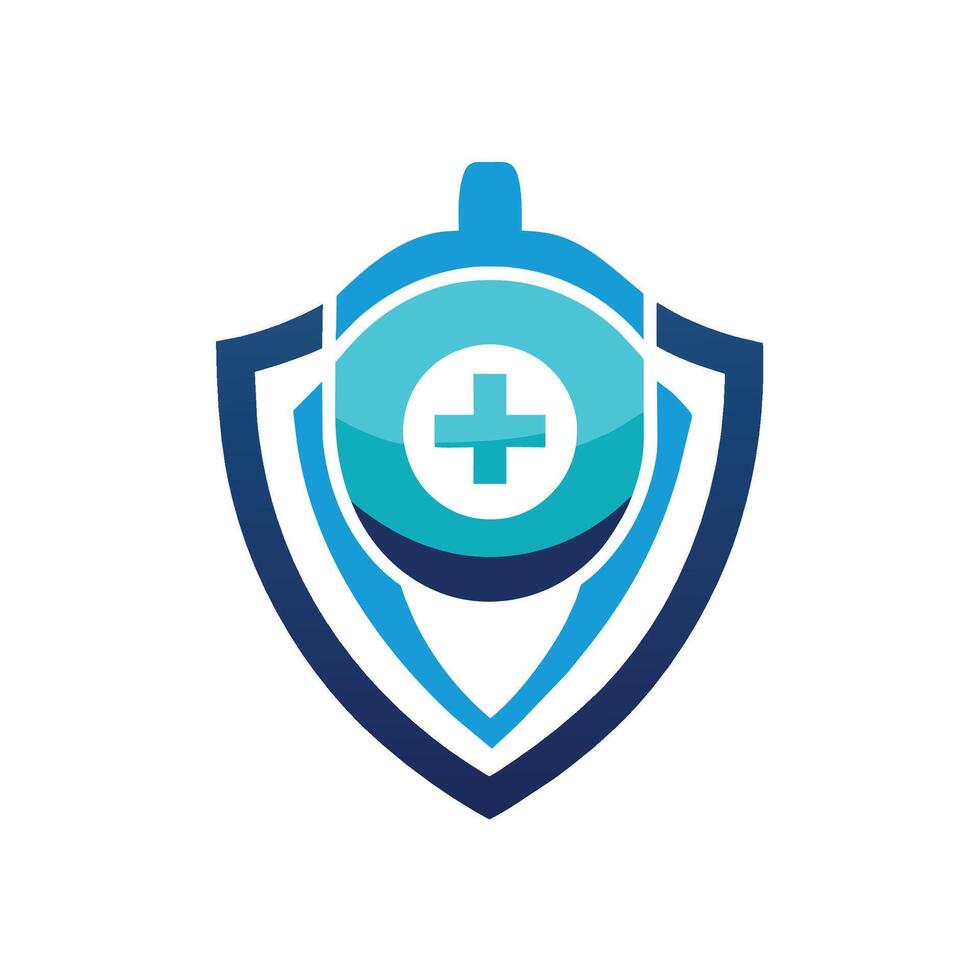 A blue shield featuring a prominent cross symbol in the center, designed as a minimalist emblem for a cutting-edge heal, Create a minimalist emblem for a cutting-edge healthcare device vector