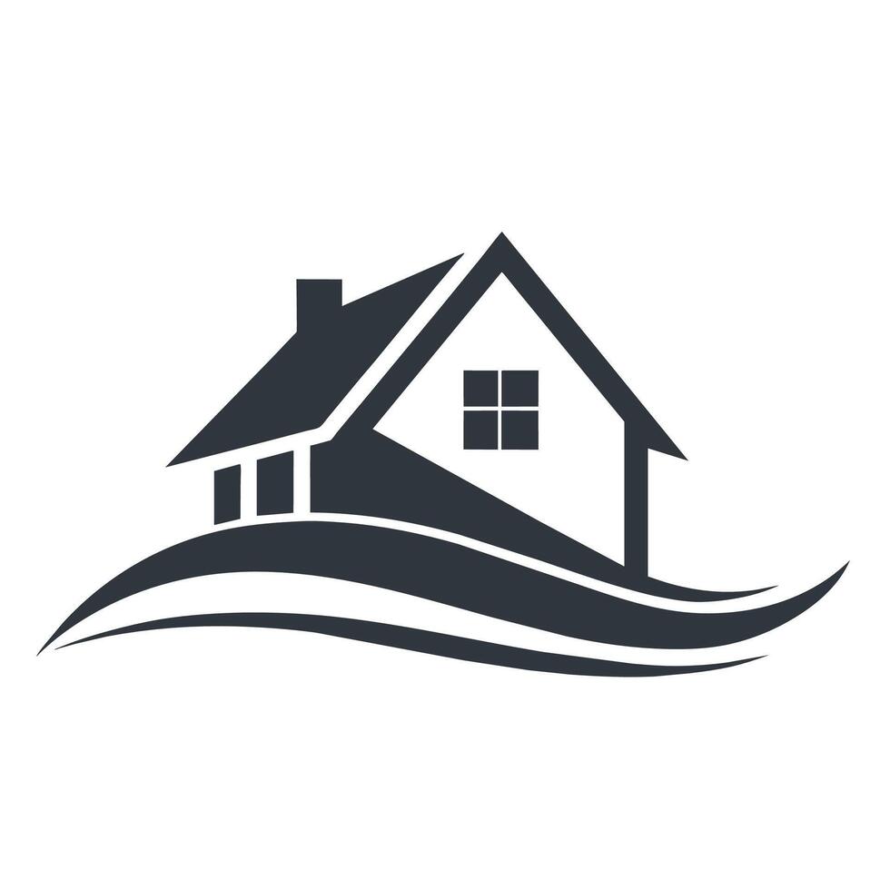 A house with a roof surfacing on top of a wave in a sleek design, A sleek design featuring a streamlined house silhouette, minimalist simple modern logo design vector