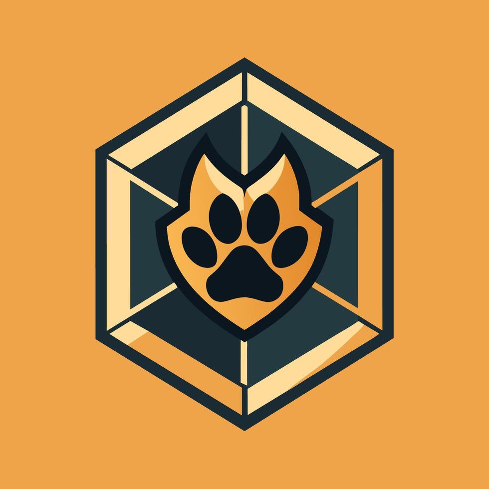 A dogs paw is centered on a hexagonal object, showcasing a sleek geometric design, Clean, geometric design incorporating a paw print element vector