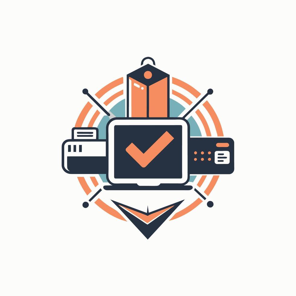 A computer screen displaying a check mark symbol, indicating completion or approval, Design a minimalist icon for a tech accessories e-commerce website vector