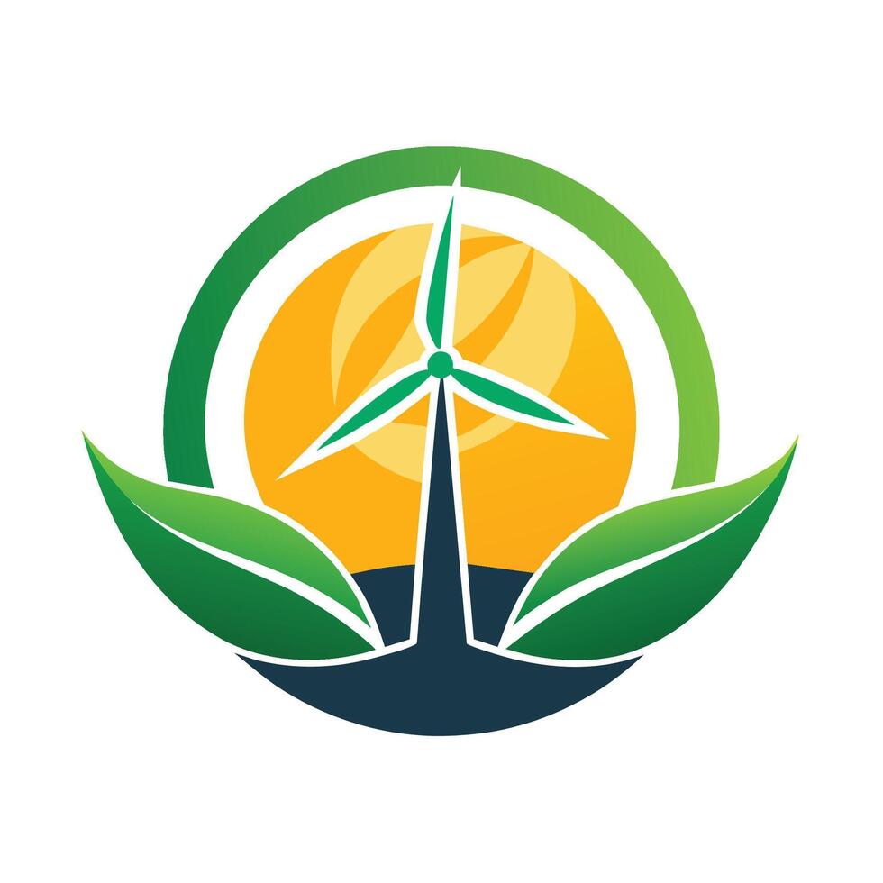 A green leaf alongside a wind turbine logo, symbolizing renewable energy and sustainability, Design a logo that reflects the idea of renewable energy in a sleek and modern way vector