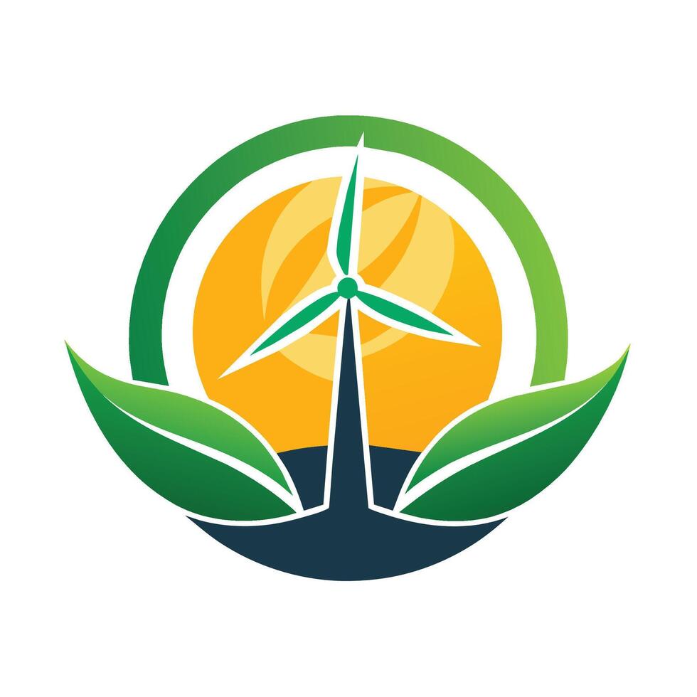 A green leaf alongside a wind turbine logo, symbolizing renewable energy and sustainability, Design a logo that reflects the idea of renewable energy in a sleek and modern way vector