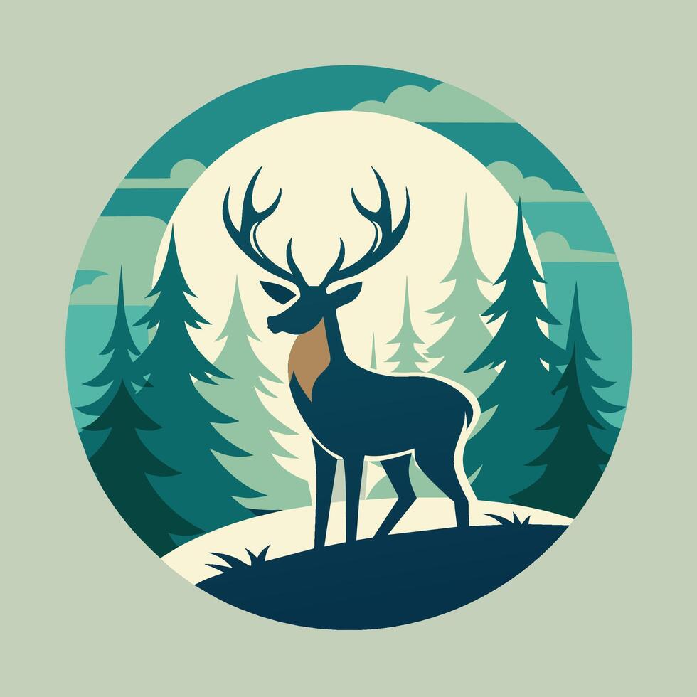 A deer stands in the middle of a forest, surrounded by trees and foliage, Deer in a serene forest setting, minimalist simple modern logo design vector