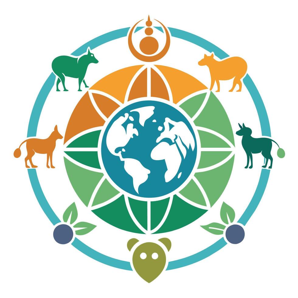 Various animals gather around the Earth in a symbolic representation of interconnected ecosystems, Craft a simple logo that represents the interconnectedness of all living beings on Earth vector