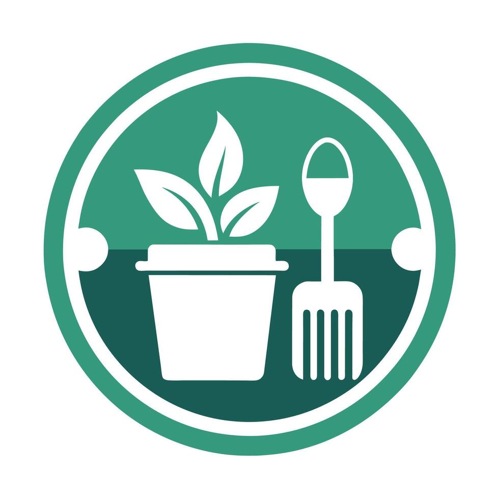 A metal fork is sticking out of a green potted plant in a clean, modern setting, Craft a clean and modern icon for a plastic-free kitchenware brand vector