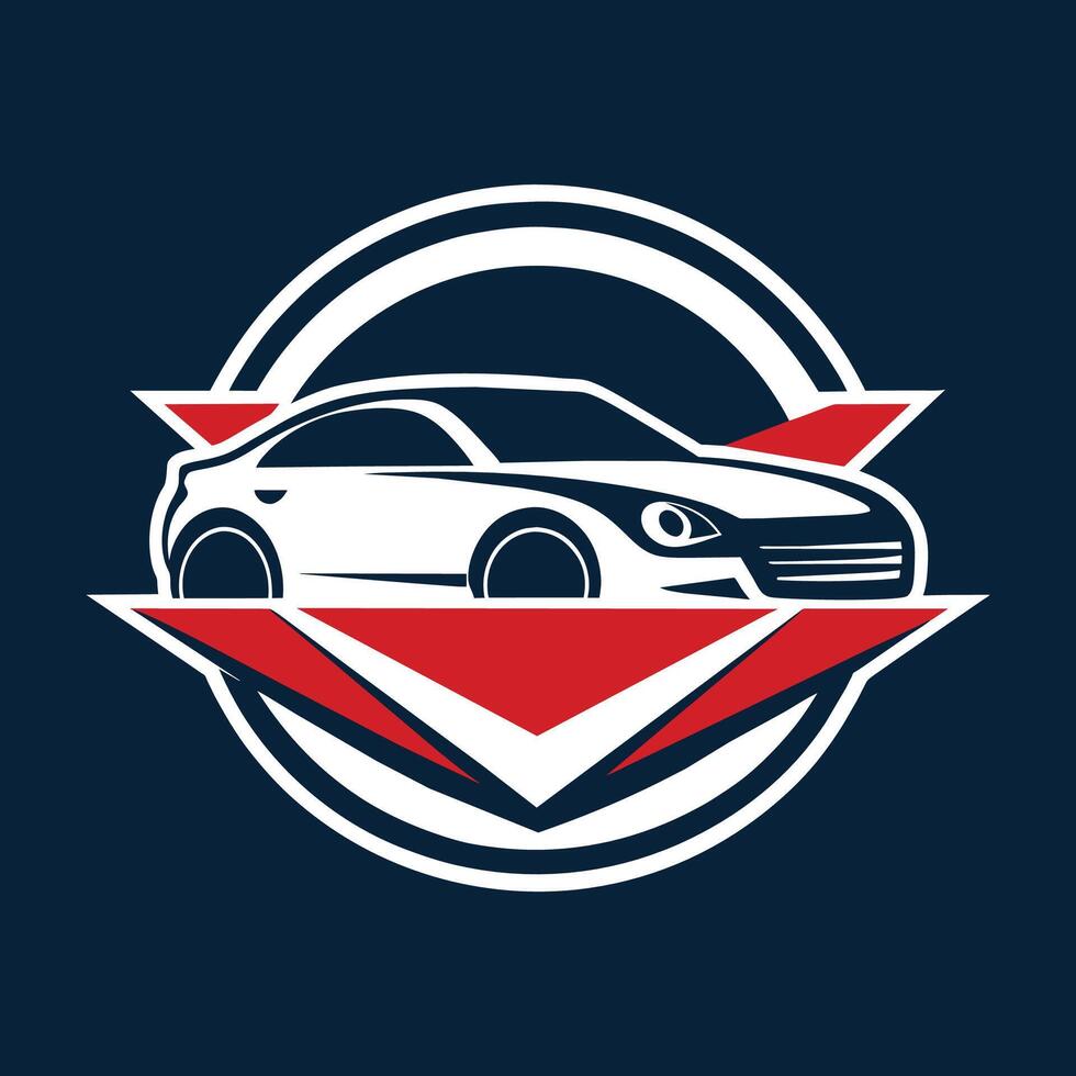 A modern white car featuring a striking red stripe against a vibrant blue backdrop, A sleek and modern design representing a car dealership, minimalist simple modern logo design vector