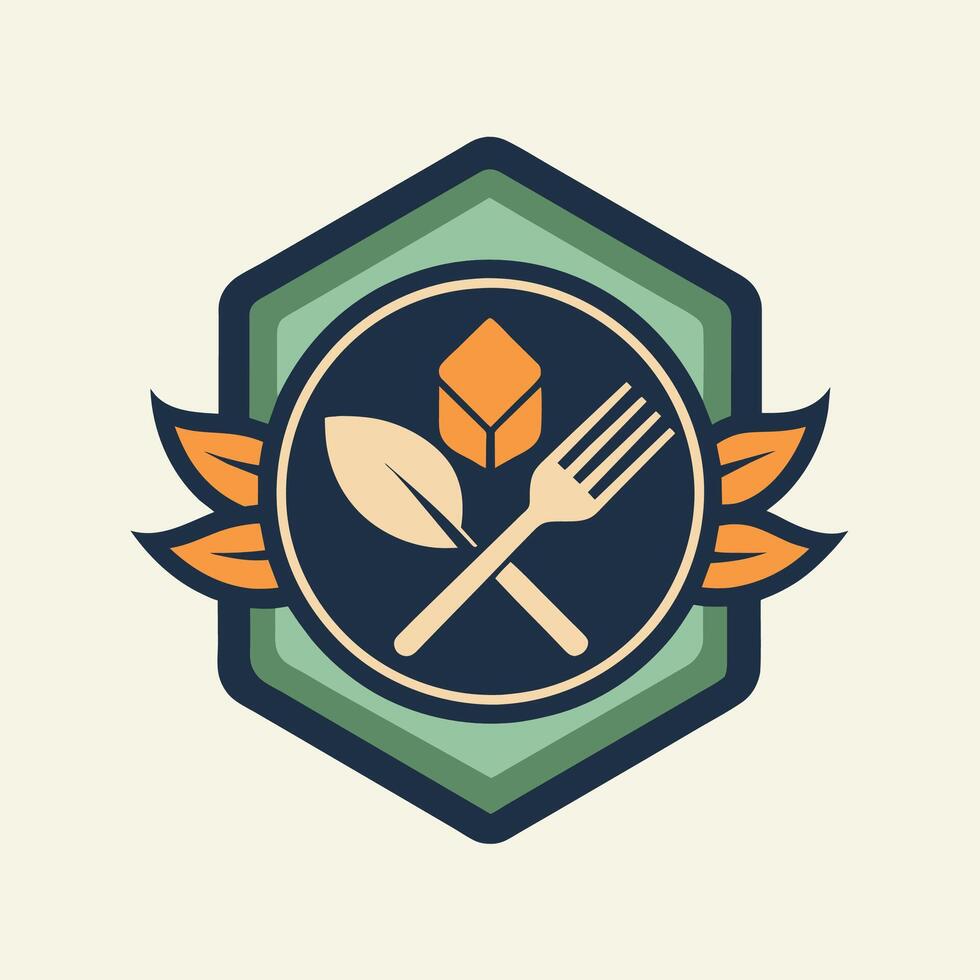A knife and fork embellished with green leaves resting on a table, Craft a sleek emblem for a nonprofit organization that provides free meals to those in need vector