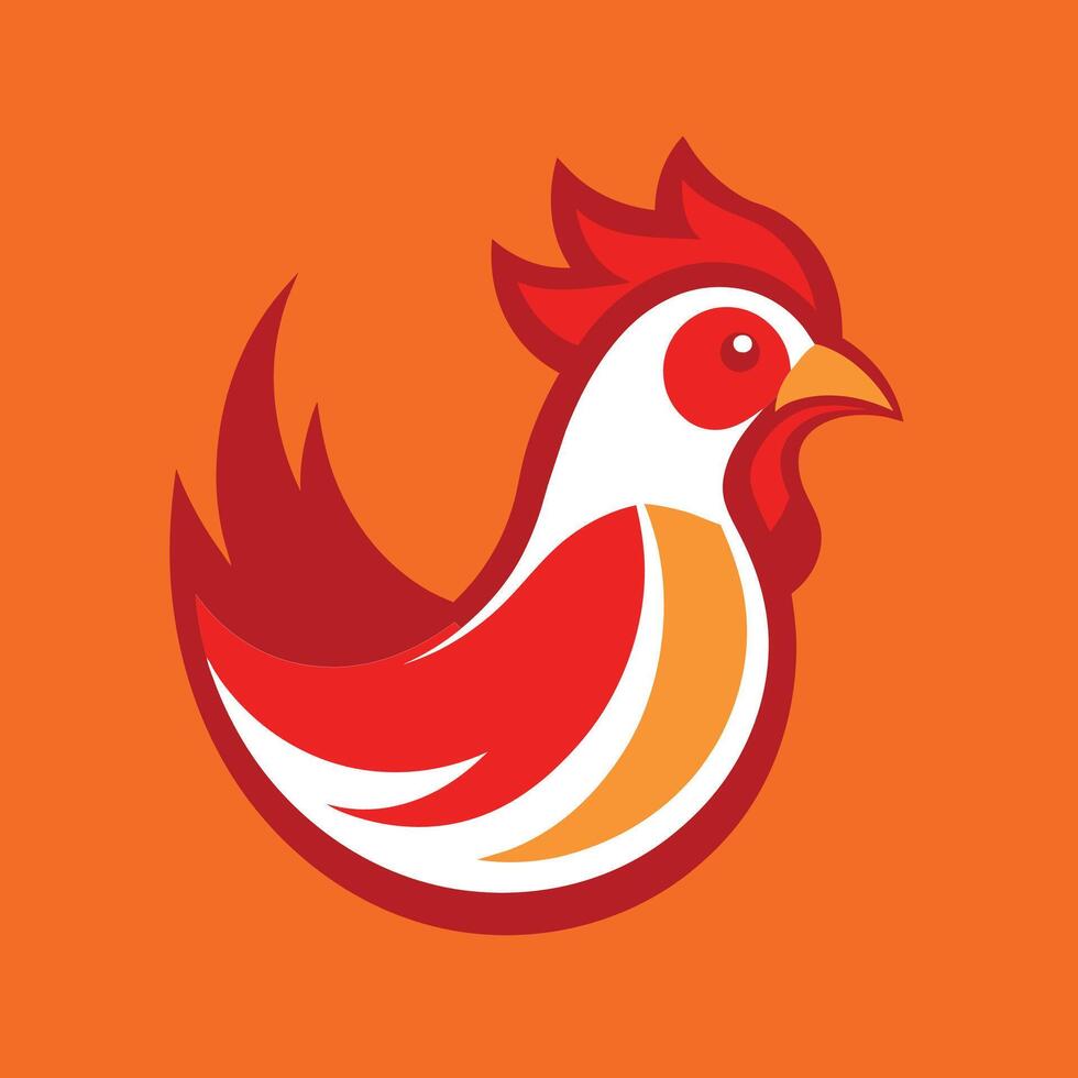 un rojo y blanco gallo soportes valientemente en contra un vibrante naranja fondo, un pulcro y moderno interpretación de un pollo para un logo diseño vector