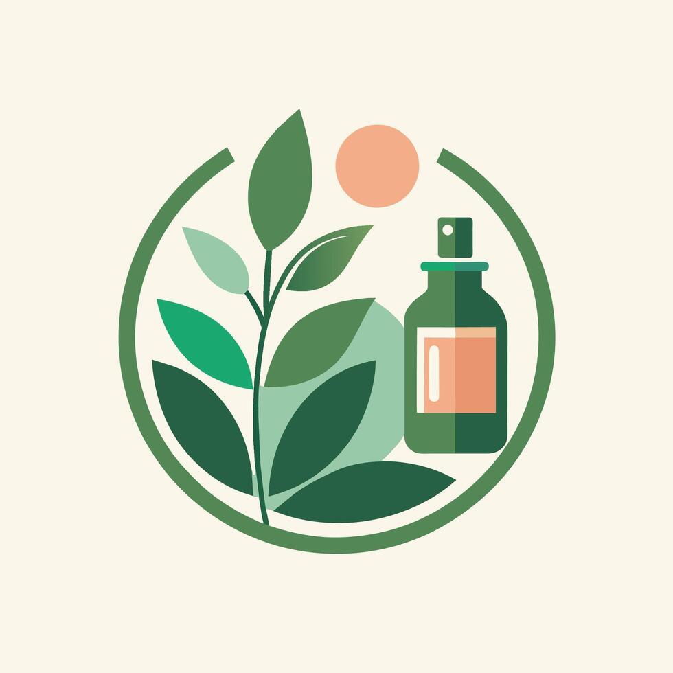 A minimalist logo featuring a bottle of essential oil and a plant arranged in a circular pattern, Craft a minimalist logo for an e-commerce platform specializing in organic skincare products vector