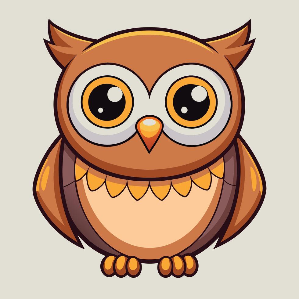 A cute owl with large eyes is perched on the ground, Cute Owl with Big Eyes Cartoon Icon vector