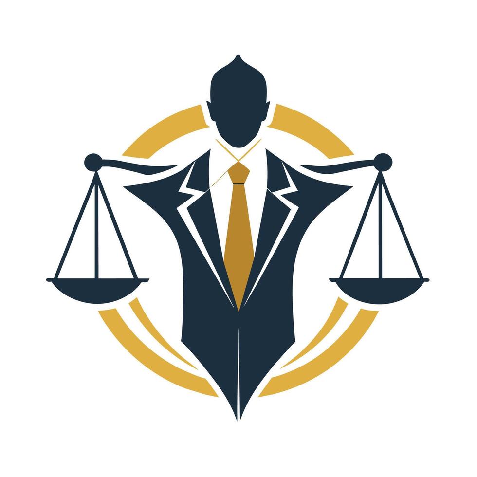 A man dressed in a suit and tie, holding a scale of justice, Create a minimalist design that portrays trust and professionalism for a legal consulting firm vector