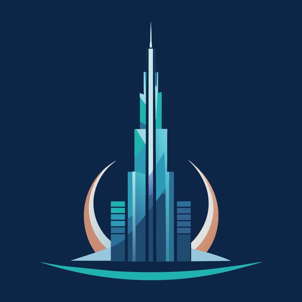 un alto rascacielos parecido a el burj califa en Dubái, con un en forma de media luna estructura alrededor él, un pulcro representación de el burj califa en Dubái, minimalista sencillo moderno logo diseño vector