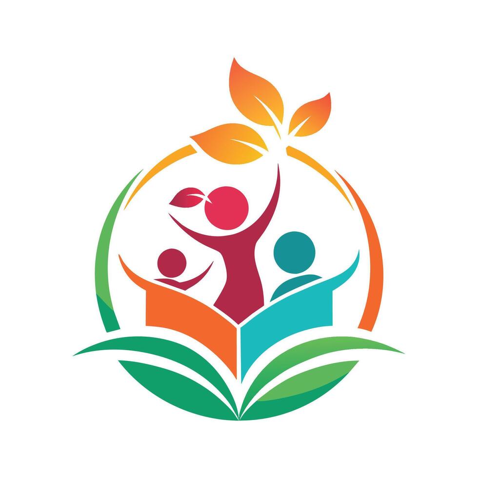 Logo featuring multiple individuals holding leaves, symbolizing unity and environmental support, Create a minimalist logo for a charity supporting children's education and literacy programs vector