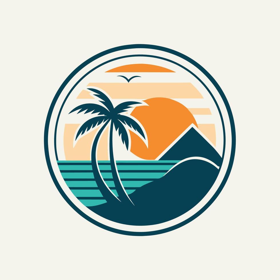 A sunset scene featuring a palm tree silhouetted against a mountain backdrop, Design a minimalist logo for a luxury beach resort, minimalist simple modern logo design vector