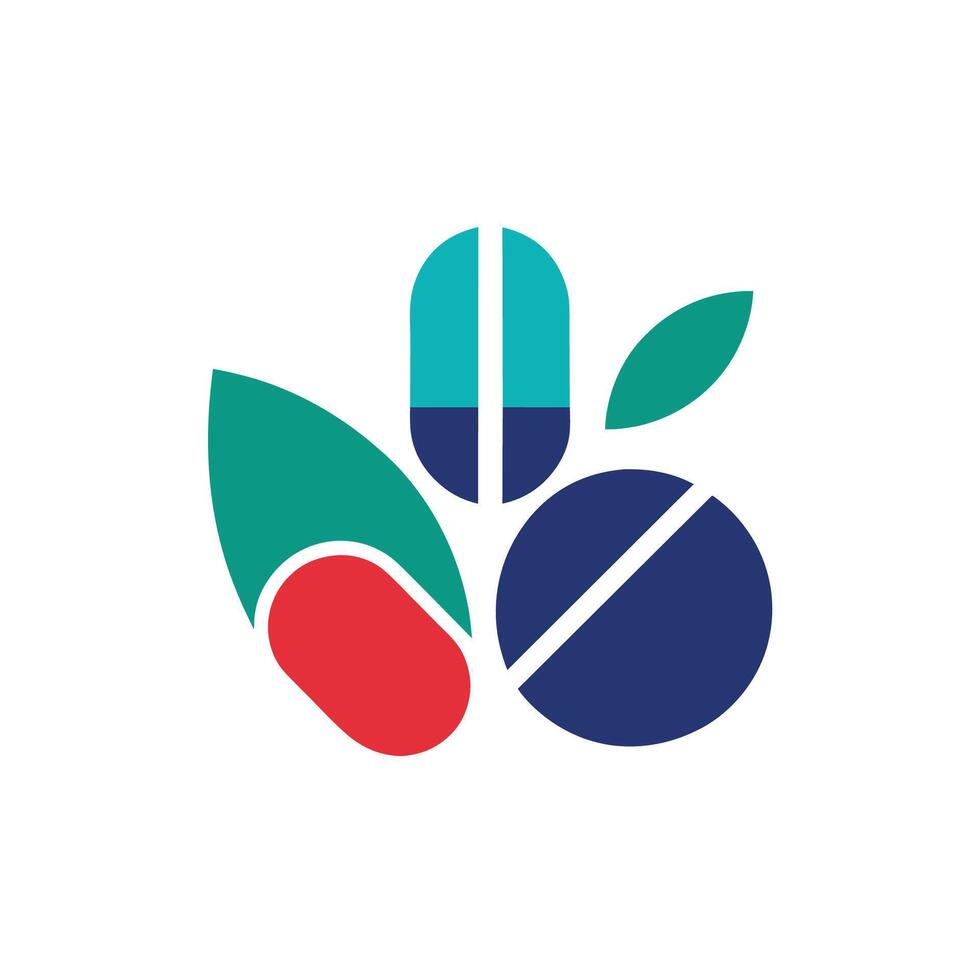 A blue and red flower surrounded by lush green leaves in a natural setting, Design a minimalist logo representing the concept of Pharmaceuticals vector