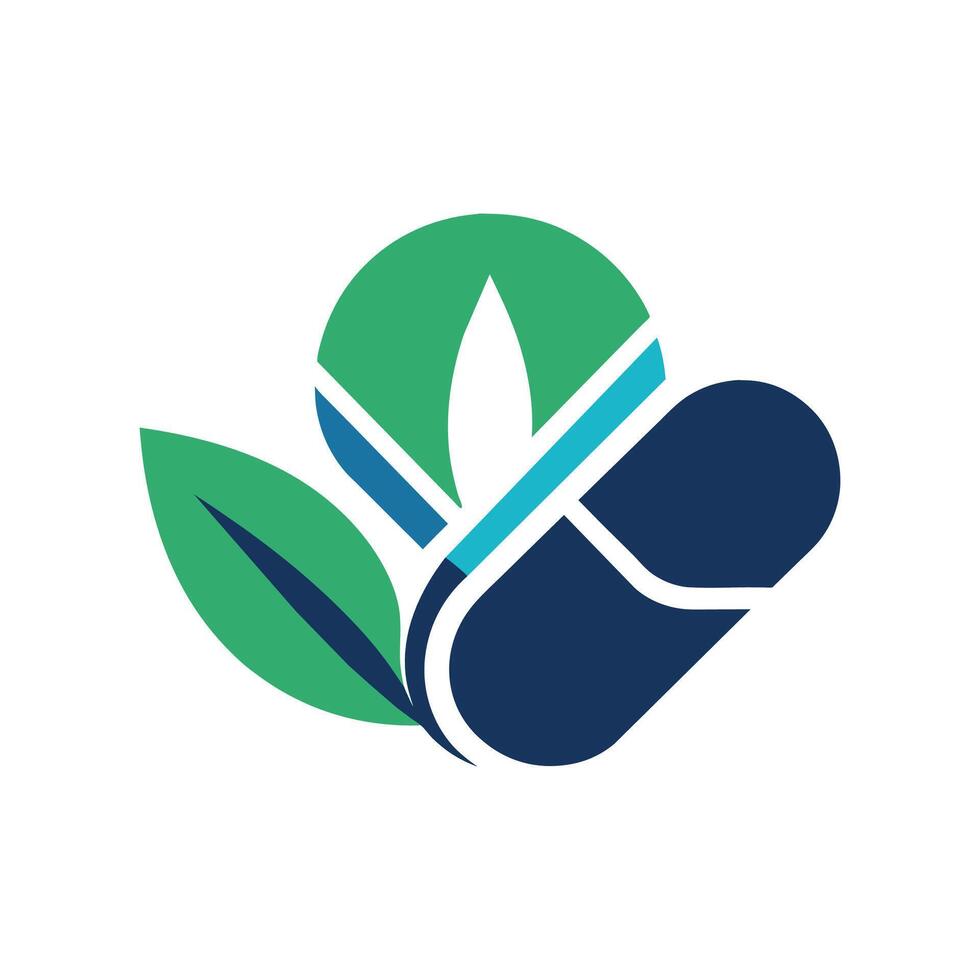 A minimalist logo featuring a green leaf and blue flower, symbolizing nature and pharmaceuticals, Design a sleek, minimalist logo for a pharmaceutical brand vector