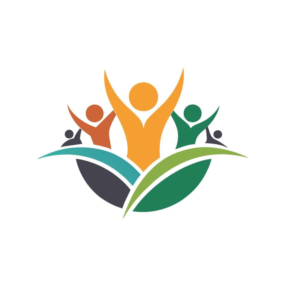 People joining hands in the center of a leaf-shaped logo, Develop a logo that symbolizes reaching a wide audience, minimalist simple modern logo design vector