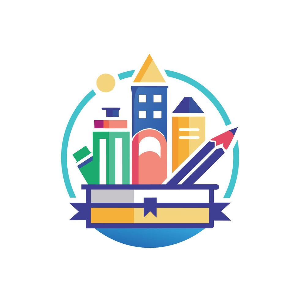 colegio logo presentando lapices y edificios, desarrollar un minimalista logo para un colegio suministro detallista, minimalista sencillo moderno logo diseño vector