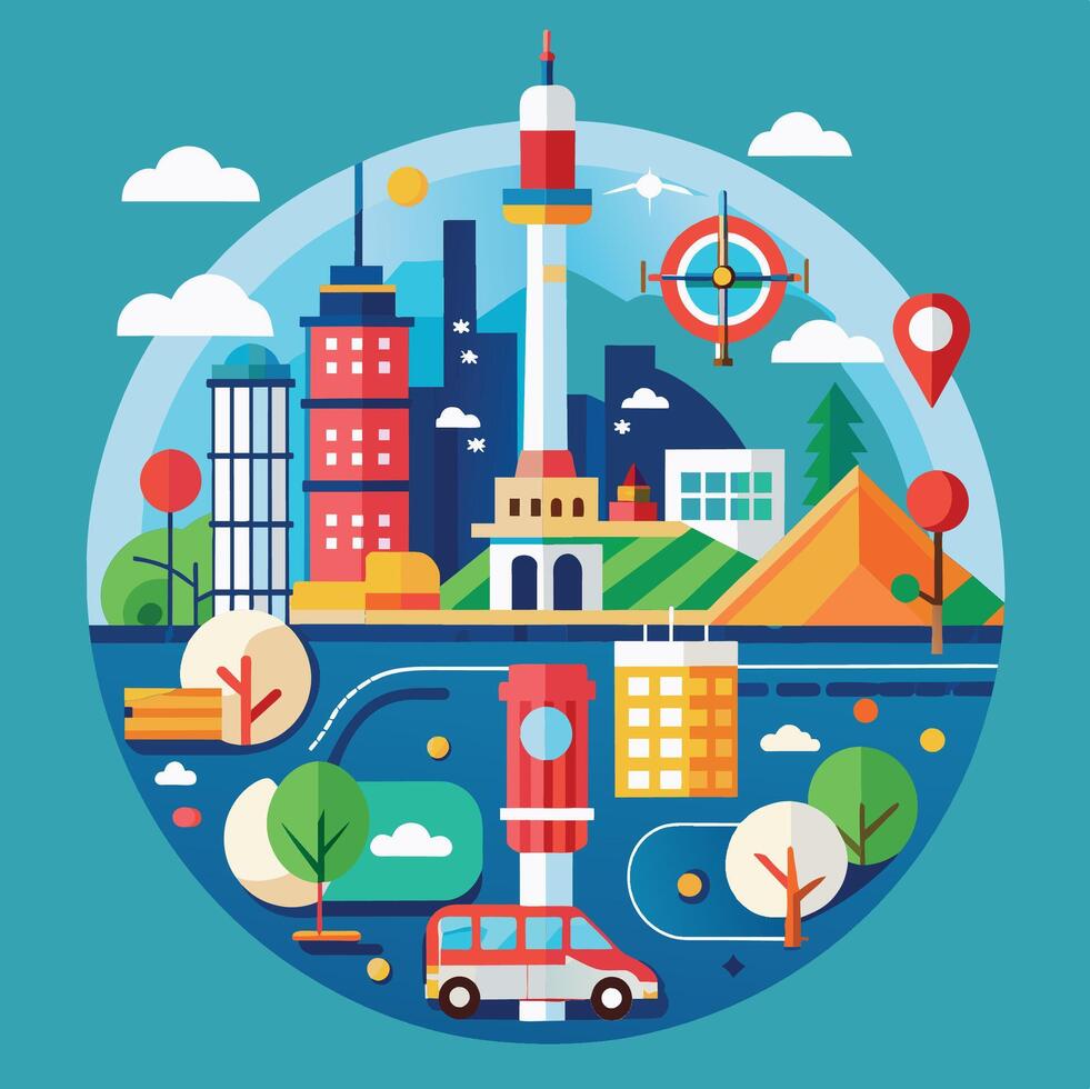 A city skyline enclosed within a circle, creating a minimalist icon of urban life, Generate a minimalist icon of a city map, highlighting key landmarks and transportation hubs vector