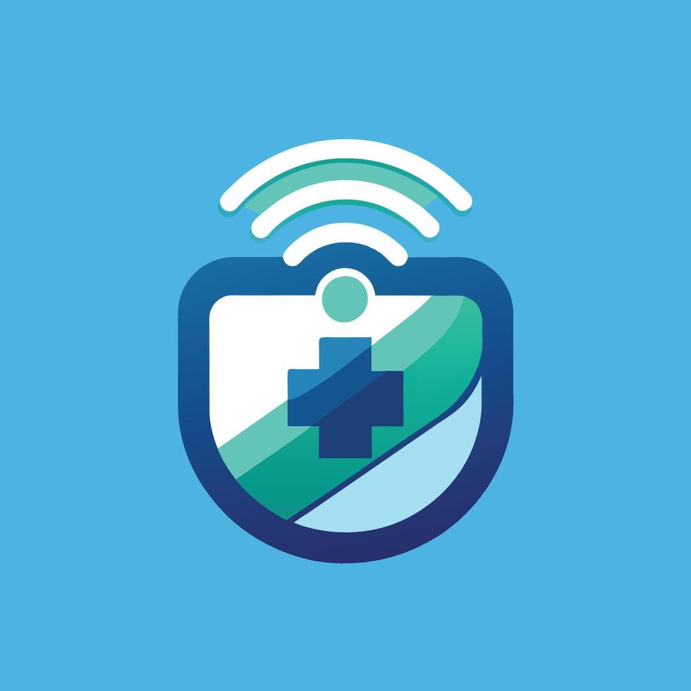 A shield featuring a prominent cross symbol on top, designed for a remote patient monitoring system, Generate a sleek emblem for a remote patient monitoring tool vector