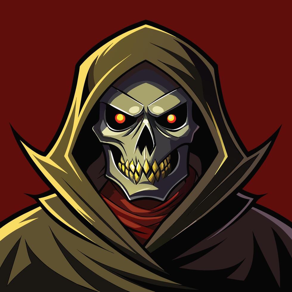 A skull dressed in a hooded jacket, featuring glowing red eyes, creating a menacing and mysterious appearance, Dark Grim Reaper with Mask and Hood, Illustration vector