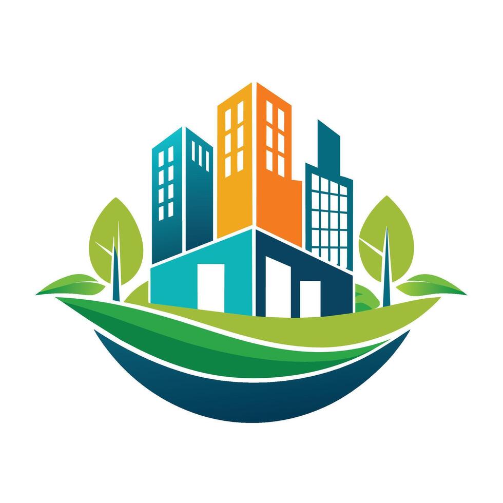 A minimalist logo of a city featuring trees and buildings for a clean and modern design, A minimalist logo that symbolizes innovation and technology vector