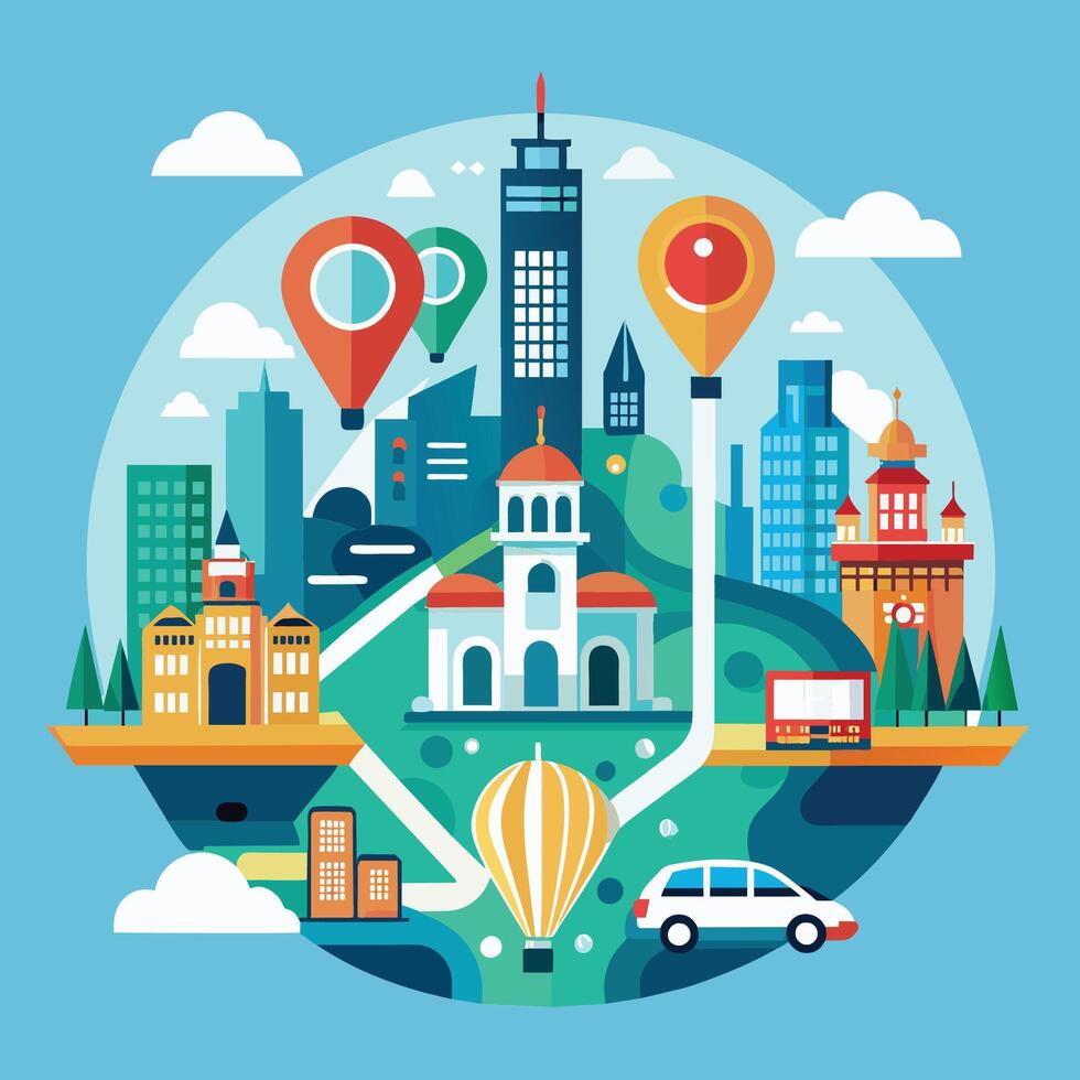 A city map marked with a variety of locations, including streets, buildings, parks, and landmarks, Generate a minimalist icon of a city map, highlighting key landmarks and transportation hubs vector