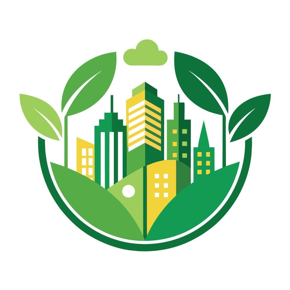 un paisaje urbano lleno con verdor desde rodeando arboles y hojas, desarrollar un minimalista icono ese simboliza sostenible urbano desarrollo y verde espacios vector