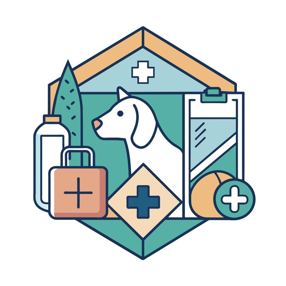 un perro sostiene un primero ayuda equipo en sus boca, Listo para emergencias, geométrico diseño de un mascota y médico equipo, minimalista sencillo moderno logo diseño vector