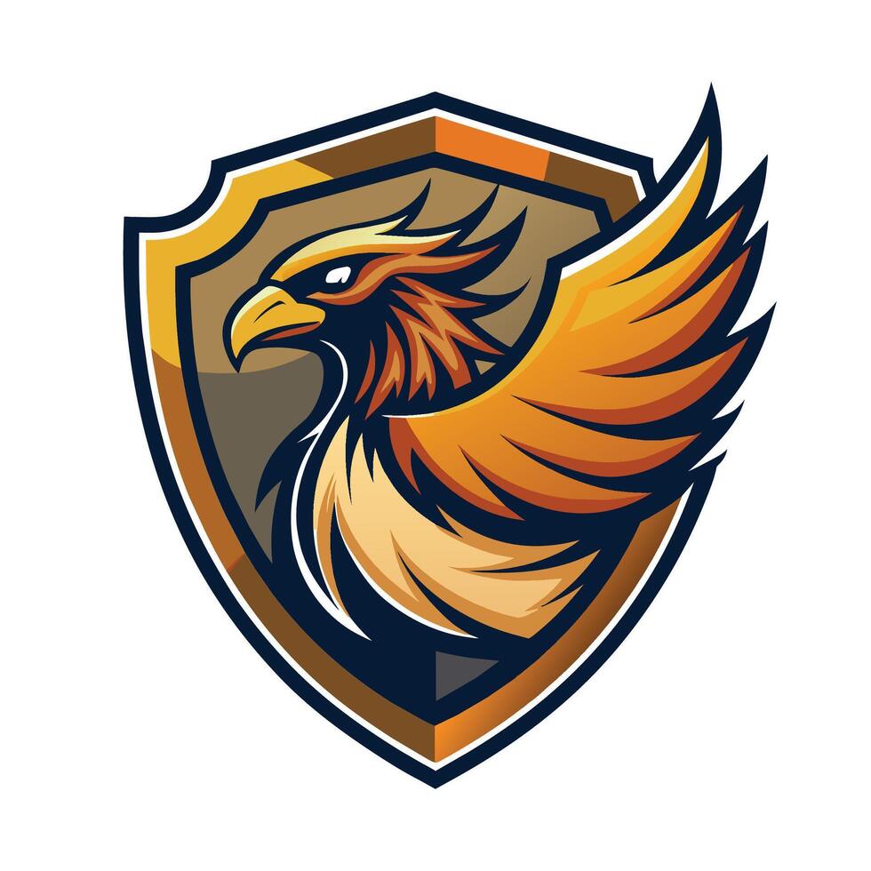 A striking golden eagle logo designed on a white backdrop, showcasing strength and power, eagle shield logo design, phoenix emblem vector