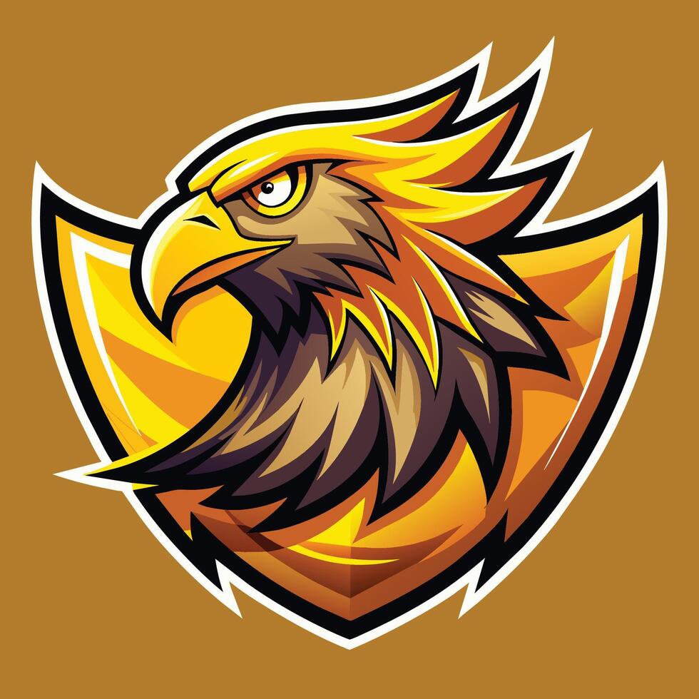 A golden eagle head in a dynamic pose against a vibrant yellow background, Golden Eagle Logo and Mascot Illustration, Dynamic Graphic vector