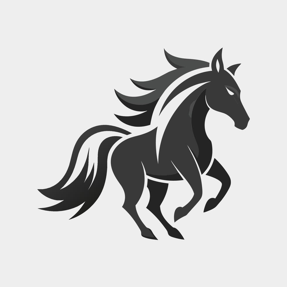 A sleek black and white horse is running energetically on a white background, Graceful equine form in grayscale, minimalist simple modern logo design vector