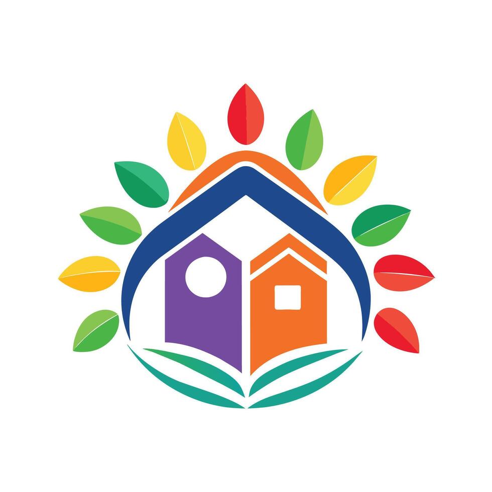 A house completely covered with fallen leaves, with a dense layer of autumn foliage all around, Icon for a homeschooling support group, minimalist simple modern logo design vector