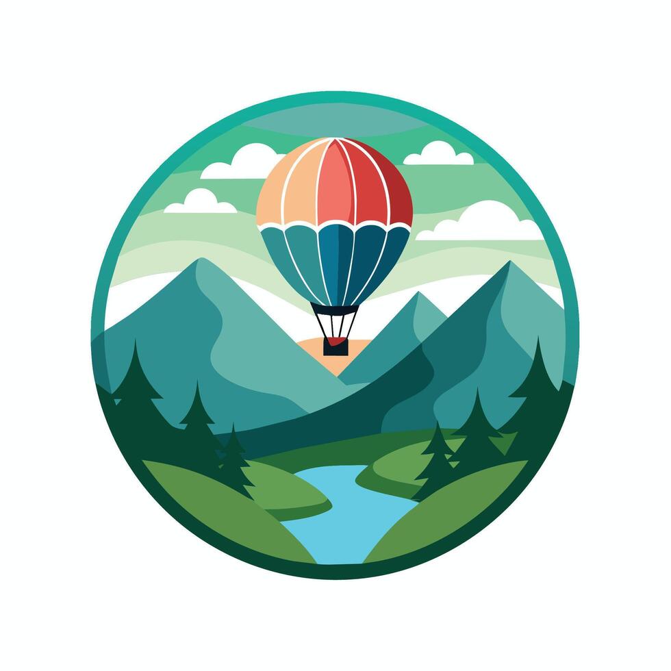 un caliente aire globo paseos alto encima un majestuoso montaña rango, exhibiendo un asombroso vista, caliente aire globo flotante terminado un escénico paisaje, minimalista sencillo moderno logo diseño vector