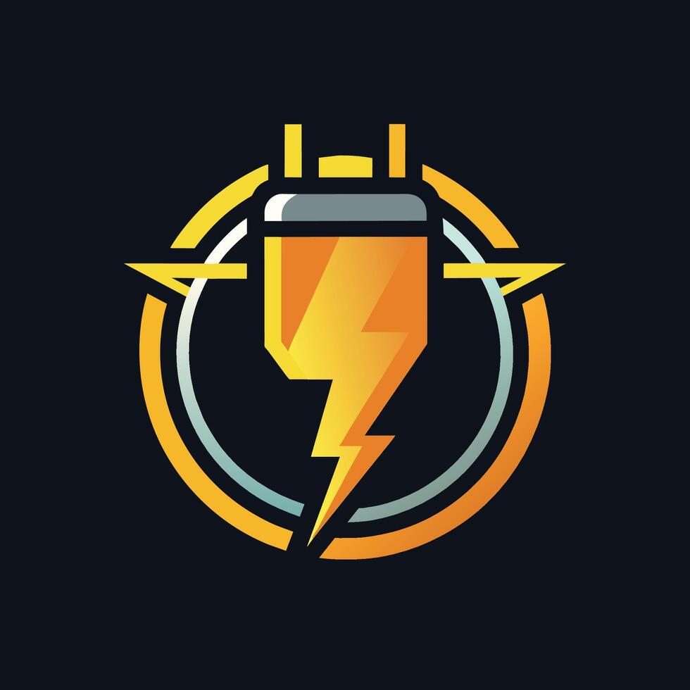 un brillante amarillo relámpago tornillo soportes fuera en contra un rígido negro fondo, eléctrico logo diseño ilustración con enchufe icono modelo vector