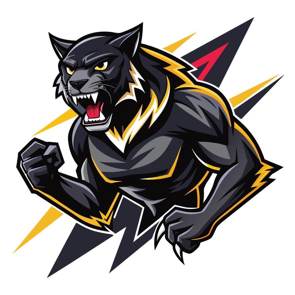 A powerful black panther running swiftly with its mouth open, showcasing strength and agility, Dynamic Black Panther Logo Mascot, Striking vector