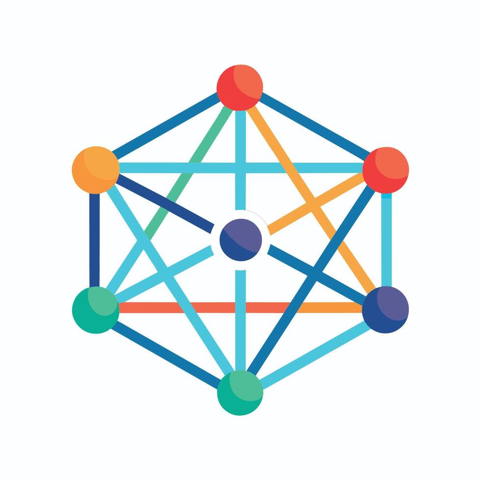 A cube containing three balls, representing geometric shapes for network connectivity, A geometric shape representing connectivity and innovation vector