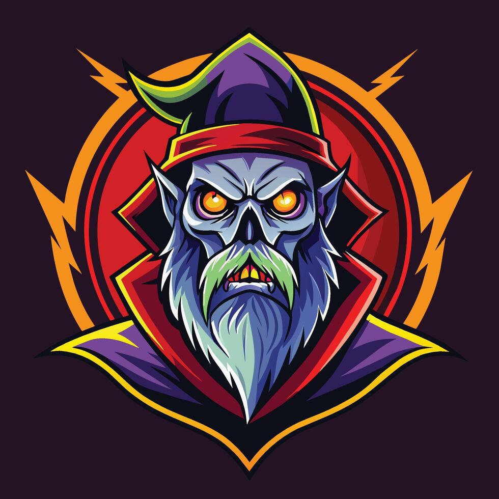 un mal hombre con un barba y un sombrero en su cabeza en un amenazador pose, ilustración gráfico, zombi mal mago logo vector