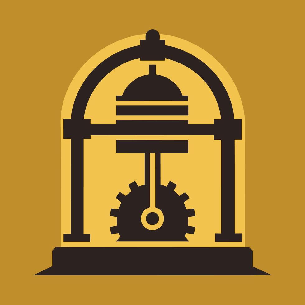 A clock locked inside a metal cage, creating a sense of confinement and restriction, Graphic representation of a hydraulic press machine, minimalist simple modern logo design vector