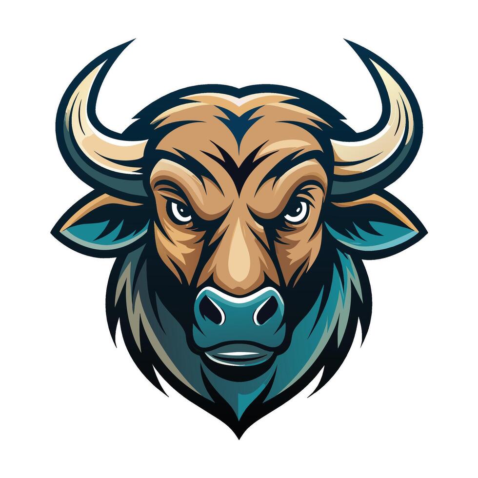 Close-up view of a bulls head featuring large horns and striking blue eyes, exuding a sense of strength and power, Elegance drawing art buffalo cow ox bull head logo design vector